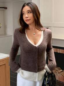 Livesso Women's V-Neck Long Sleeve Fitted Cardigan, Autumn - Coffee Brown - View 4