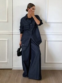 Livesso 女士休闲水洗牛仔夹克和阔腿牛仔裤套装 - 藍色 - 查看 6