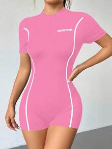 SHEIN Unity Women's Fashionable Contrast Color Zipper Half-Zip Short Sleeve Bodysuit, Summer - Hot Pink - View 5