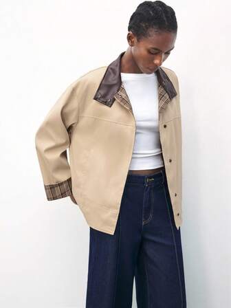 Maija เสื้อแจ็คเก็ตผู้หญิงแฟชั่นสีกากี ปกหนัง & แขนลายสก็อต, ลำลอง & อเนกประสงค์ ลายกราฟิกสีน้ำตาลลำลองสำหรับฤดูใบไม้ร่วง/ฤดูหนาว