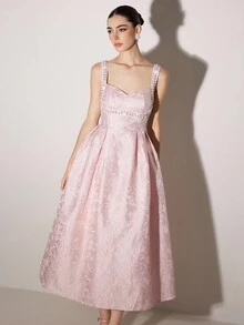 Poshira Váy trang trí chuỗi ngọc trai giả thanh lịch bằng vải Jacquard dành cho nữ - Hồng - Xem 2