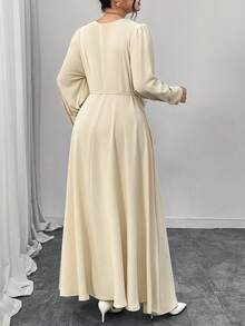 Modelyn Plus Appliques Belted Dress Fall Cloth For Women - Apricot - View 2