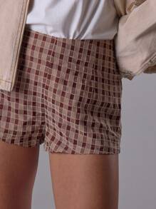 MUSERA 格纹条纹修身迷你短裤 夏季街头风 Y2K 酷女孩 海滩 西部 城市 缪斯 度假 纳什维尔 冬季 - 棕色 - 查看 1