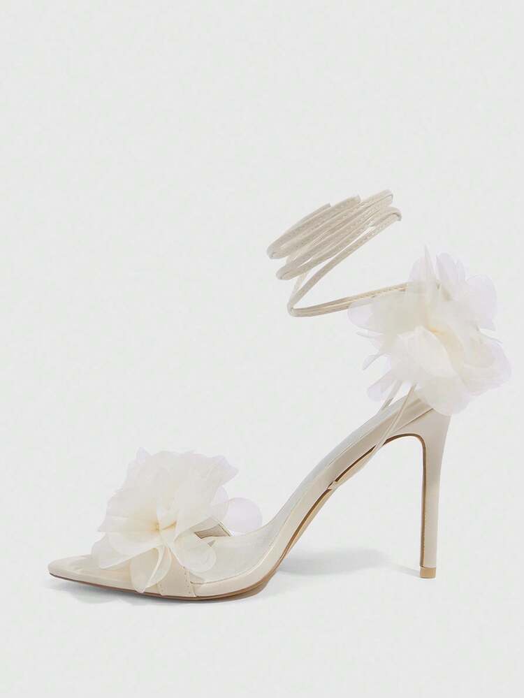 CUCCOO SZL Women's Pointed Toe 3D Floral Decor Elegant High Heel Sandals For Christmas Spring Shoes Prom Heels Summer Shoes