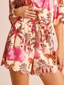 CAJUNI Shorts de mujer estilo boho, tropical y divertido para resort, con estampado de árbol de coco y leopardo, de corte casual y vacacional, con volantes en el bajo