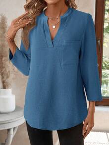 EMERY ROSE 女士春秋季全印花翻领七分袖衬衫，工作衬衫 - 藍色 - 查看 6