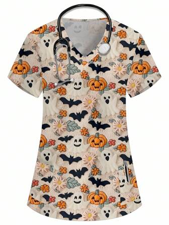 PopScrub 万圣节V领短袖口袋印花护士/医生制服上衣、纯色宠物美容制服上衣、营养师工作服、多口袋实验服