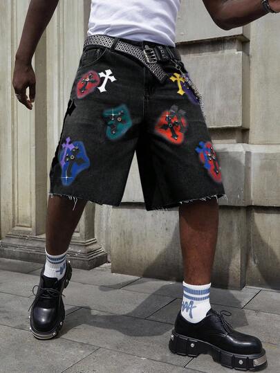 Goth Pantalones cortos de mezclilla con estampado de cruz y adornos de rhinestone para hombres