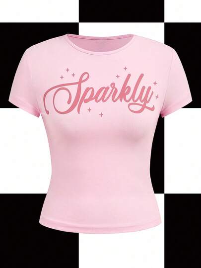 Y2Kool Babi Basques Camiseta de manga corta ajustada con estampado de letras y estrellas para mujer, sexy para fiesta, noche, uso diario, camiseta rosa de mujer con destellos, camiseta rosa brillante, top rosa brillante para mujer, camiseta rosa de mujer, ropa casual y elegante, colección de nuevos atuendos para Año Nuevo