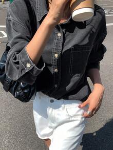 DAZY 浅色水洗牛仔衬衫，有领，有口袋，宽松长袖，春夏秋 - 深灰色 - 查看 4