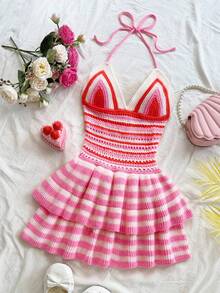 Soleia Abito a maglia colorato a righe con lacci sulla schiena da donna, adatto per stratificazioni o come capo esterno, scollo ad aletta sexy, perfetto per vacanze, appuntamenti, pomeriggio del tè, spiaggia, crociera, gita in città, vacanza in isola, stagione dei matrimoni, festival musicali, abito rosa a righe stile boho, abito all'uncinetto, abito stile fairycore, abito kawaii per l'autunno/inverno