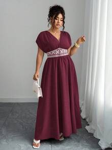 Elenzga Váy maxi thường ngày cỡ lớn dành cho nữ có thêu eo, họa tiết Paisley, cổ chữ V bohemian, nhún vai, thắt eo, thon gọn, thanh lịch khi đi chơi, trà chiều, tụ tập, hàng ngày, kỳ nghỉ - Đỏ - Xem 5