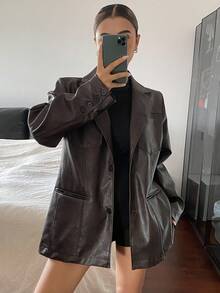 Livesso Women's Casual Solid Color PU Loose Blazer Jacket, Autumn
