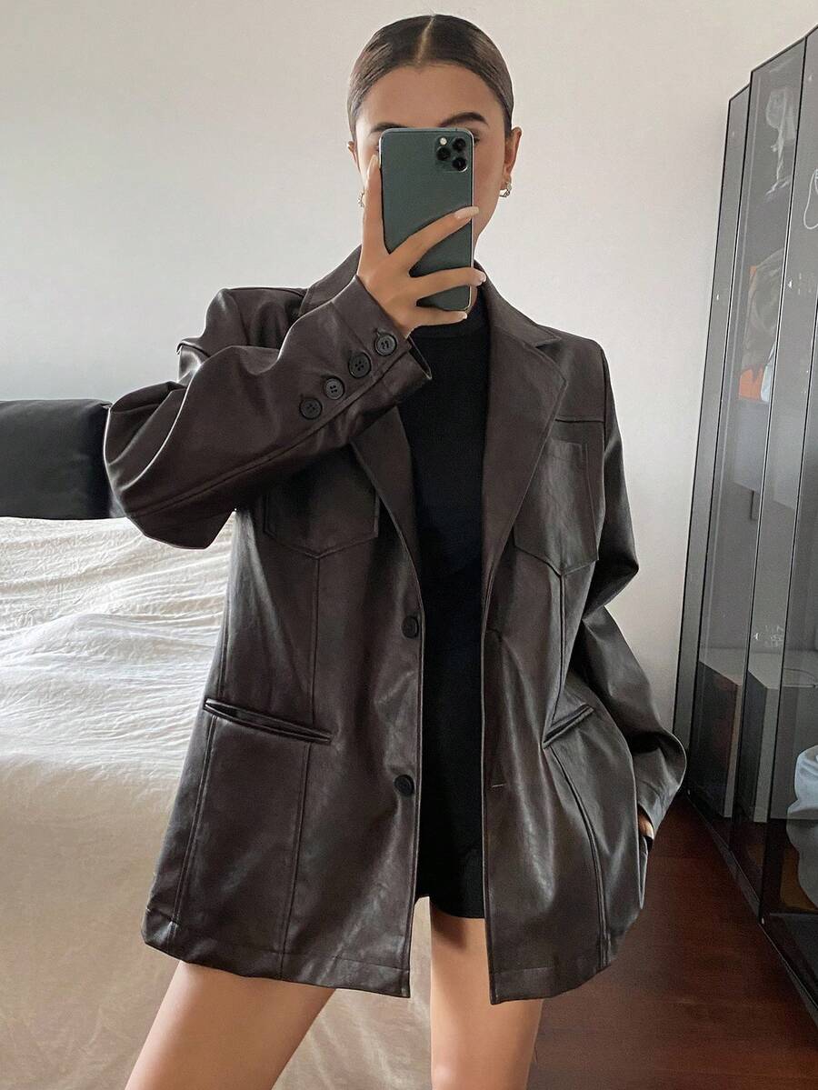 DAZY Women's Casual Solid Color PU Loose Blazer Jacket, Autumn Buisness Attire - Coffee Brown - View 1