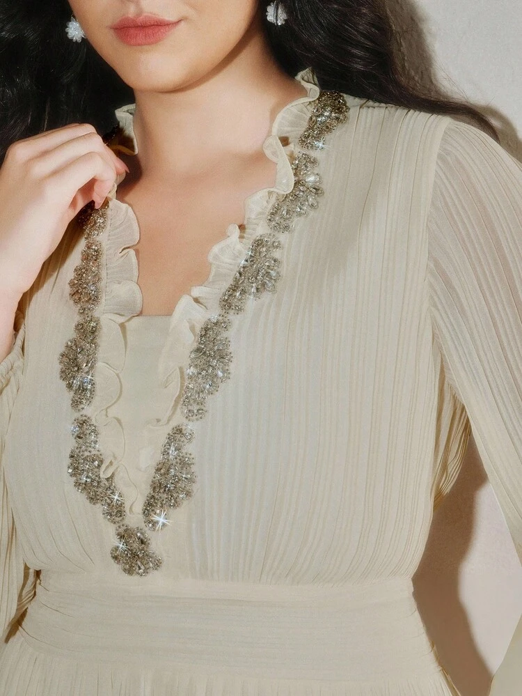 Plus Size Women's Long Elegant Beaded Evening Gown Dress, Apricot Color