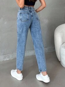 Jeansy Mom z wysokim stanem i kieszeniami, casualowe, sprane, niebieskie spodnie jeansowe