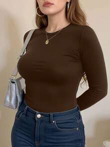 INAWLY Áo thun cổ tròn dài tay ôm sát màu cà phê cỡ lớn cho nữ - Cà phê nâu - Xem 1