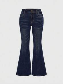 ROMWE Grunge Punk Plus Size Retro Y2K Baddie UK Flag Design Rivet Skinny Flare Jeans - Blue - View 2