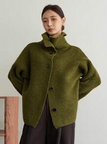 Dazy-Less 女士宽松商务休闲高领纯色针织开衫，适合秋冬季办公室穿着外套 - 墨綠色 - 查看 6