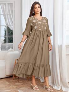 Lacomfia فستان أنيق بياقة على شكل حرف V بدون أكمام، مزخرف بطبعات زهرية فاخرة، متعدد الطبقات، مناسب للمقاسات الكبيرة