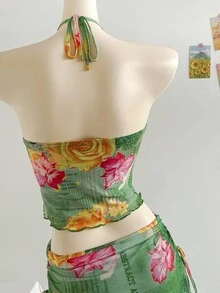 Soleia Bộ 2 món áo lưới in họa tiết không tay không dây và chân váy xếp ly thanh lịch cho kỳ nghỉ xuân/hè - Nhiều màu - Xem 9