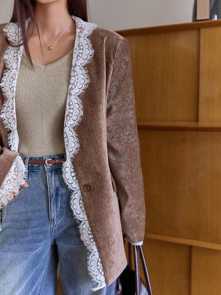 Women's Contrast Color Lace Patchwork Lapel Loose Casual Blazer Business Attire