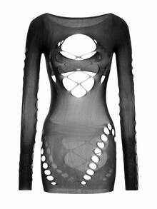 SHEIN 1 件女士性感紫红色紧身半透明渔网连衣裙，适合派对、夜总会、海滩 - 黑色 - 查看 4