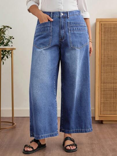 EMERY ROSE Plus Size Women Loose Fit Casual Baggy Denim Jeans With Dual Pockets Baggy Jeans Y2k Oversized Jeans Elastic Waist Jeans Wide Leg Jeans Woman Loose Jeans