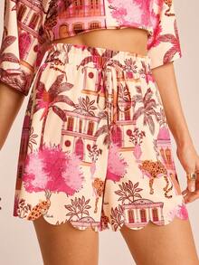 CAJUNI Shorts de mujer estilo boho, tropical y divertido para resort, con estampado de árbol de coco y leopardo, de corte casual y vacacional, con volantes en el bajo