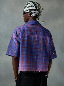 NEON BLANC Herrskjorta med vävd lila rutig strassdekor, lämplig för Halloween, street fashion - Blåröd - Visa 3