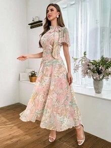 Modelyn 女式荷叶边领口系带喇叭下摆泡泡袖连衣裙 - 彩色 - 查看 4