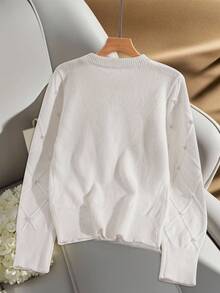 EMERY ROSE Rhombus Pattern Beaded Round Neck Long Sleeve Pullover Sweater Fall Winter Cloth For Women - White - View 2