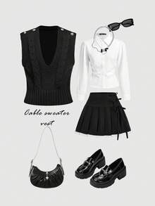 SHEIN MOD Women's Simple Casual Solid Color Button Decor Cable Knit V-Neck Sweater Vest In Fall/Winter