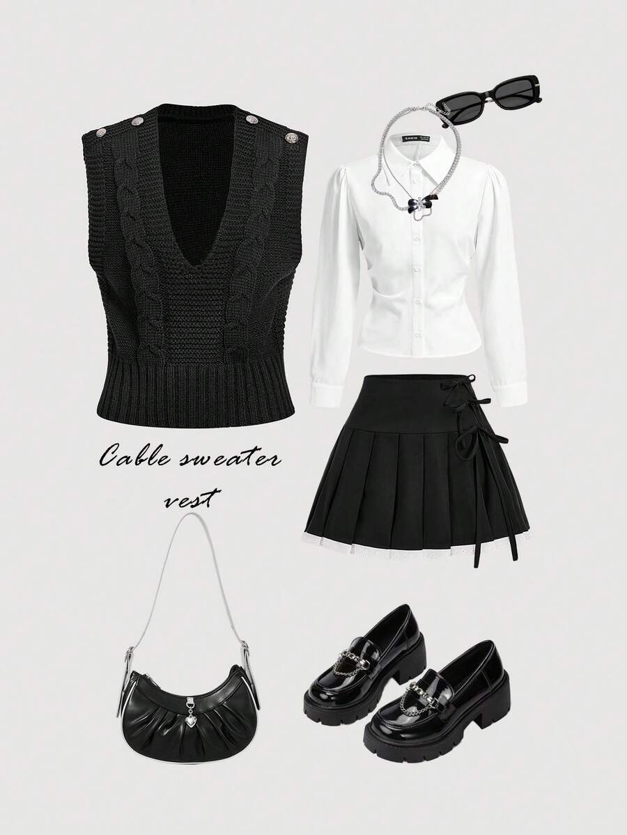 SHEIN MOD Women's Simple Casual Solid Color Button Decor Cable Knit V-Neck Sweater Vest In Fall/Winter