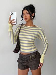 Aloruh Women's Autumn/Winter New Arrival Turtleneck Long Sleeve Yellow Striped Slim Fit Ribbed Sweater,Fall - Multicolor - View 4