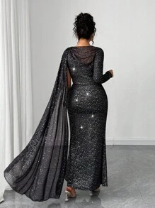 Elenzga Plus Size Women's Bodycon One Shoulder Cape Maxi Dress,Elegant Black Glitter Sequin Formal Evening Party Dress,Autumn Formal Gown - Black - View 2