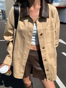 Livesso 女式宽松撞色翻领夹克，秋季 - 卡其色 - 查看 1