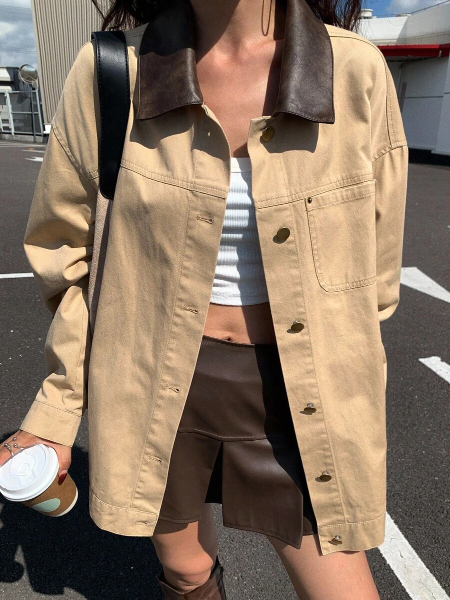 Livesso 女式宽松撞色翻领夹克，秋季 - 卡其色 - 查看 1