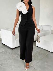 SHEIN Lady Black And White Two-Piece Suit,Summer Elegant Three-Dimensional Flower Top & Wide-Leg Pants,Holiday Dinner Business Casual Outfits For Women Work - Black - View 4