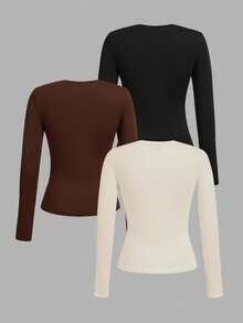 SHEIN EZwear 3 件套女士休闲圆领修身长袖 T 恤套装，适合春秋季节 - 彩色 - 查看 2