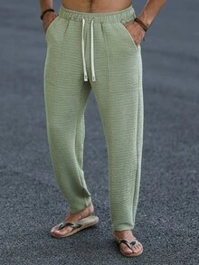 Genlund Men's Drawstring Waist Pocketed Tapered Textured Casual Pants - Khaki - View 5