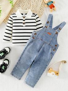 SHEIN 2 Stücke Modeoutfit für Kleinkinder Jungen: Schwarz-beige gestreiftes Langarm-Polohemd mit Kragen, kombiniert mit verstellbaren, verwaschenen Denim-Latzhosen als lässiges Outfit, geeignet für den täglichen Gebrauch, Reisen & Urlaub im Frühling & Herbst