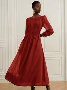 Aveloria Rosie New Romantic Vintage Tea Party Dress, Oversized Loose Flattering Design, Elegant Off Shoulder Ruched Sheer Linen-Like Fabric, Puff Sleeves, Solid Color - Burgundy - View 6