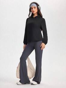 SHEIN Sports 女士黑色卫衣，宽松版型，植绒条纹网眼面料，适合日常休闲穿着、跑步、瑜伽、健身、网球等运动，春夏运动休闲两相宜。长袖运动上衣，长袖运动服，健身卫衣，女士运动上衣 - 黑色 - 查看 4