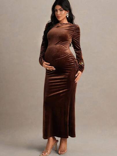 MaterniChic Elegant Solid Color Hollow Out Ruched Fishtail Maternity Dress Brown Maternity Dress Long Maternity Dress Pregnancy Photoshoot Dress  Baby Shower Maternity Dress Elegant Wedding Party Dress