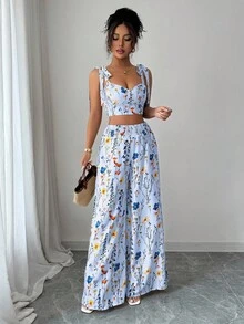 Elenzga 2pcs/Set Women's Standard Size Camisole Top With Back Cutout Design + High Waist Wide Leg Pants - Baby Blue - View 5