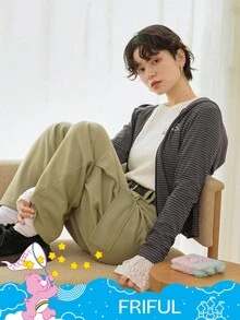 SHEIN X Care Bears FRIFUL Women's Striped Bear Pattern Zip-Up Hooded Long Sleeve T-Shirt - Grey - View 13