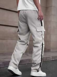 Manfinity Hypemode 男士侧条纹印花口袋抽绳腰休闲裤，秋季 - 淺灰色 - 查看 2