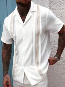 Manfinity CasualCool Áo sơ mi nam tay ngắn xếp ly vải lanh jacquard, kiểu dáng đơn giản, năng động, thích hợp mặc ngoài trời, quà tặng lý tưởng cho bạn trai hoặc chồng - trắng - Xem 3