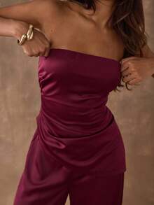 SHEIN BAE Set elegante da pendolare estivo composto da top tubo a orlo asimmetrico e pantaloni, di colore unito - Bordò - Visualizzare 4